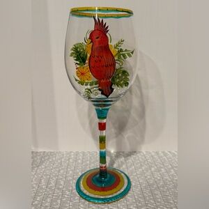 NWT - Pier 1 Hand Painted Parriots & Tropical Flowers Wine Glass